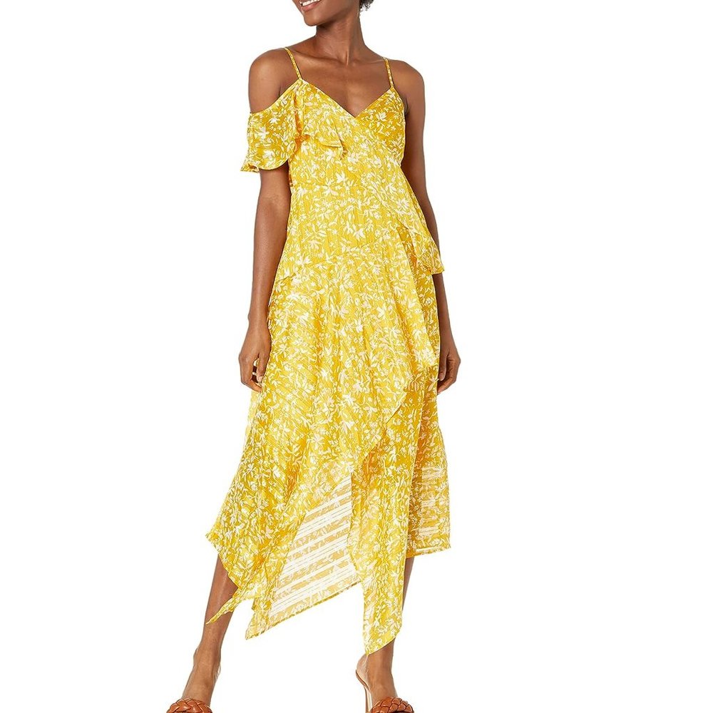 NWT BCBGMAXAZRIA Women's Ruffle Asymmetrical Cocktail Dress Honey